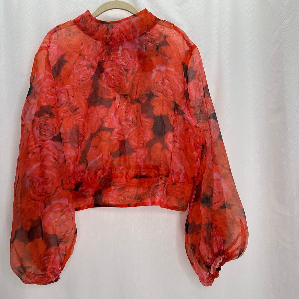 Ashley Stewart red roses sheer crop top long sleeves 20 romantic floral
